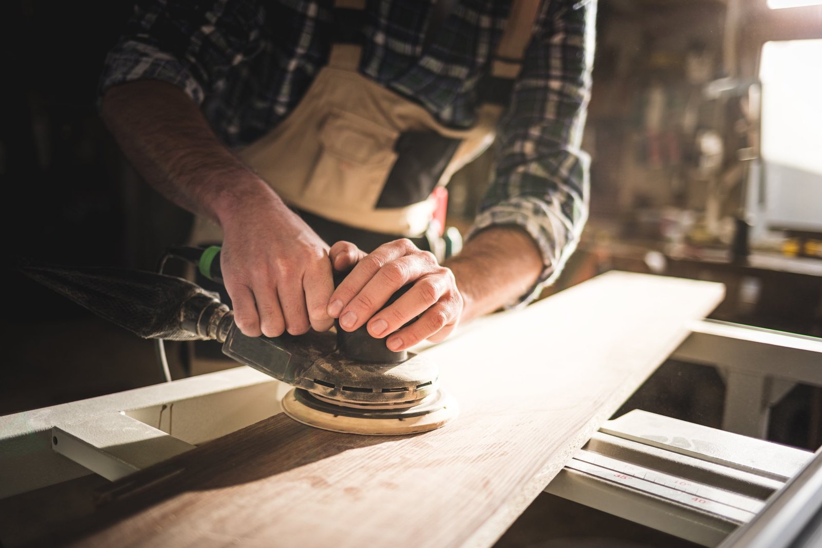 Wolf Custom Cabinets craftsman sanding a cabinet panel in the DFW workshop